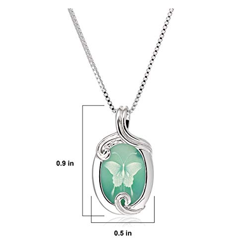 925 Sterling Silver Carved Genuine Green Agate Butterfly Cameo Pendant Necklace, 18"