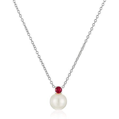 .925 Sterling Silver 3mm Lab-Grown Ruby and 8mm Freshwater Cultured Pearl 1/2" Pendant Necklace on 18" Chain - July Birthstone