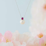 .925 Sterling Silver 3mm Lab-Grown Ruby and 8mm Freshwater Cultured Pearl 1/2" Pendant Necklace on 18" Chain - July Birthstone