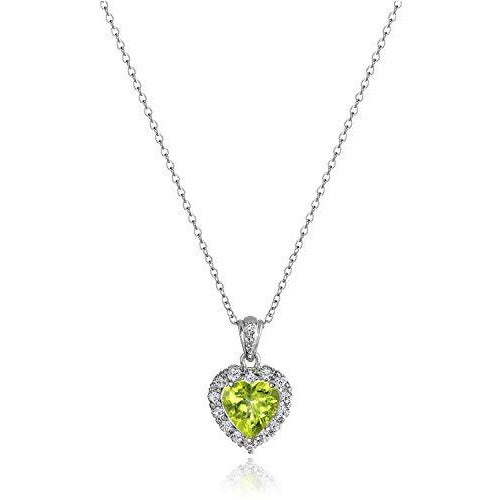 Platinum-Plated .925 Sterling Silver Genuine Peridot 1/2" Heart Pendant with White Topaz Halo on 18" Chain Necklace - August Birthstone