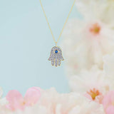18K Yellow Gold Plated 925 Sterling Silver Crystal Blue and White Hamsa Hand of Fatima Necklace, 18"