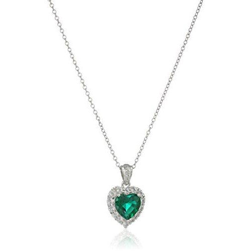 Platinum Plated Sterling Silver Created Emerald and Genuine White Topaz Halo Heart Pendant Necklace, 18"