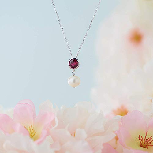 .925 Sterling Silver Bezel-Set Lab-Grown Ruby and 8mm Freshwater Cultured Pearl Drop 3/4" Pendant Necklace on 18" Chain - July Birthstone
