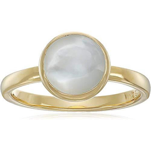 18K Yellow Gold Plated 925 Sterling Silver Mother of Pearl 8mm Round Bezel-Set Ring, Size 7