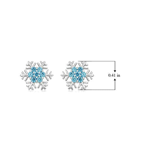 Rhodium-Plated Sterling Silver Blue Topaz Color Cubic Zirconia Pavé-Setting Snowflake Stud Earrings