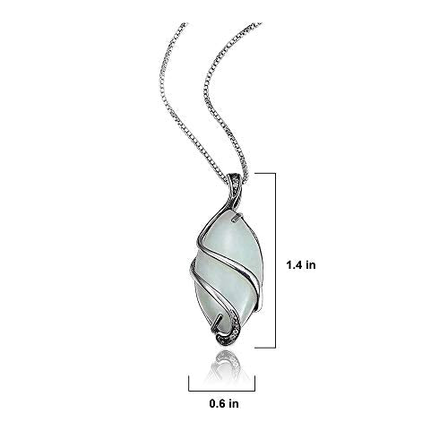.925 Sterling Silver & Green Jade Diamond-Accented 3/4" Wire-Wrapped Marquise Cut Pendant Necklace on 18" Box Chain