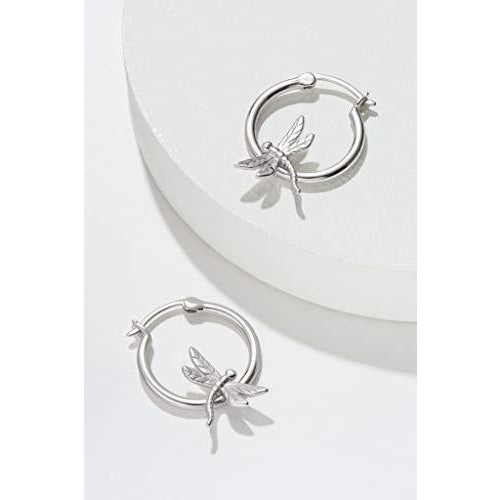 925 Sterling Silver Openwork Circle Dragonfly Hoop Earrings