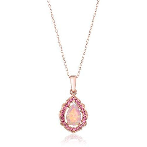 14k Rose Gold Plated Sterling Silver Created Pink Opal and Created Pink Sapphire Halo Pendant Necklace, 18"