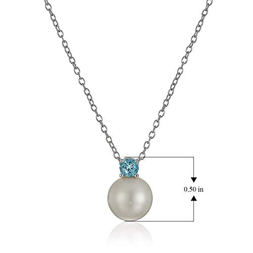 .925 Sterling Silver 3mm Genuine Sky Blue Topaz and 8mm Freshwater Cultured Pearl 1/2" Pendant Necklace on 18" Chain - December Birthstone