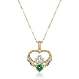 18k Yellow Gold Plated Sterling Silver Created Emerald and Diamond Accent Claddagh Pendant Necklace, 18"