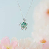 925 Sterling Silver White and Green Cubic Zirconia Turtle Pendant Necklace, 18"