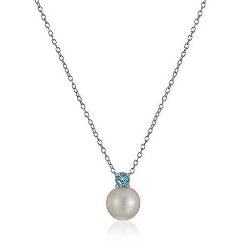 .925 Sterling Silver 3mm Genuine Sky Blue Topaz and 8mm Freshwater Cultured Pearl 1/2" Pendant Necklace on 18" Chain - December Birthstone