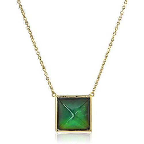 18K Yellow Gold Plated Bronze Square Created Crystal Color Changing Modern Mood Necklace, 16" with 2" Extender