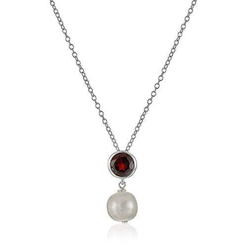 .925 Sterling Silver Bezel-Set Genuine Garnet and 8mm Freshwater Cultured Pearl Drop 3/4" Pendant Necklace on 18" Chain - January Birthstone