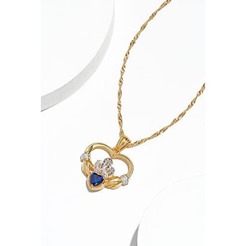 18K Yellow Gold-Plated .925 Sterling Silver Lab-Grown Blue Sapphire Diamond-Accented 1" Claddagh Heart Pendant Necklace on 18" Chain - September Birthstone