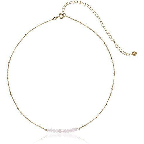 18K Yellow Gold Plated Sterling Silver Genuine Rose Quartz Bead Station Choker Necklace, 14" + 4" Extender