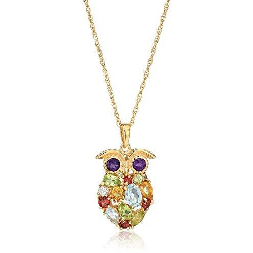 Genuine Multi-Gemstone Owl Pendant Necklace