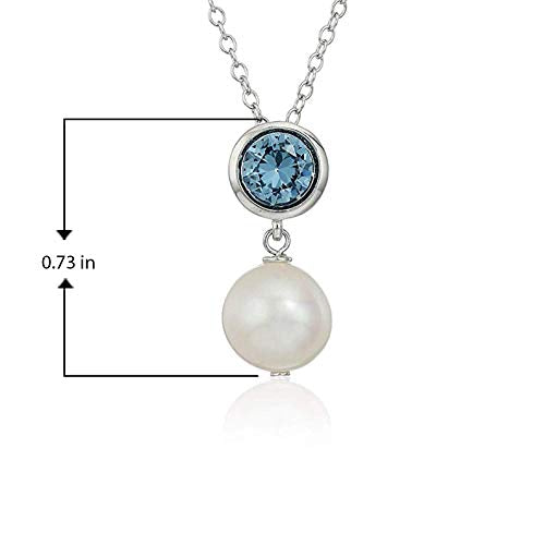 Sterling Silver Bezel Set Created Aquamarine and Freshwater Cultured Pearl Drop Birthstone Pendant Necklace, 18"