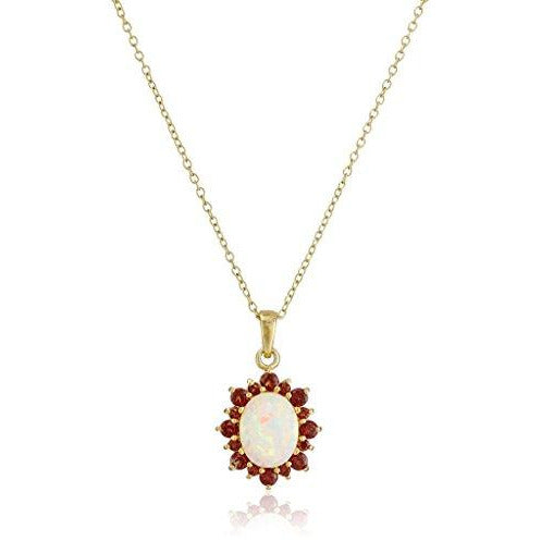 18k Yellow Gold Plated Sterling Silver Created White Opal and Genuine Garnet Halo Pendant Necklace, 18"