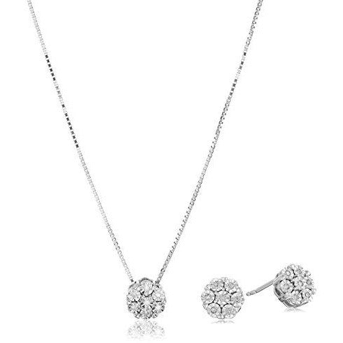 Sterling Silver Diamond Miracle Plate Pendant Necklace and Stud Earrings Jewelry Set