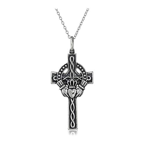 925 Sterling Silver Oxidized Celtic Claddagh Cross Pendant Necklace, 18"