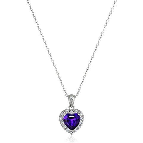 Platinum Plated Sterling Silver Genuine African Amethyst and White Topaz Halo Heart Pendant Necklace, 18"