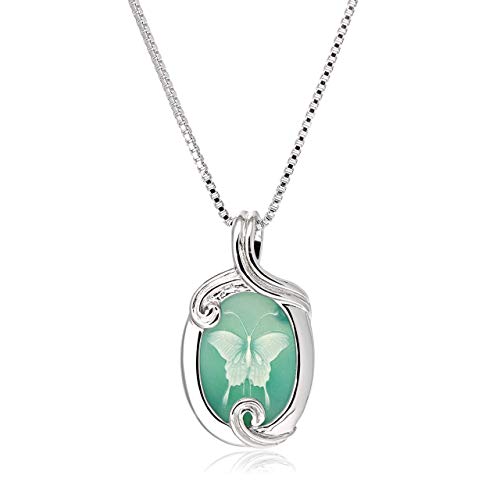 925 Sterling Silver Carved Genuine Green Agate Butterfly Cameo Pendant Necklace, 18"