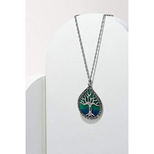 Sterling Silver Genuine Marcasite and Blue Epoxy Tree of Life Pendant Necklace, 18"