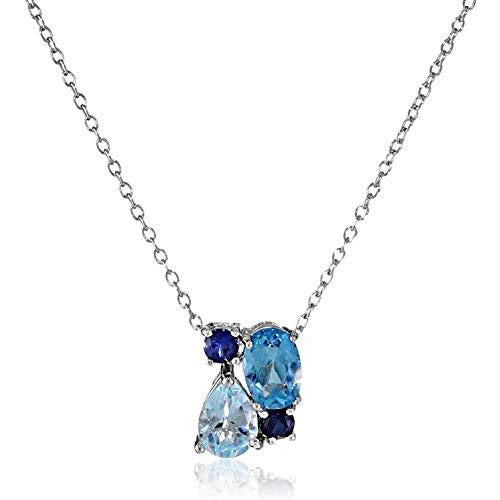 .925 Sterling Silver, Genuine Blue Topaz and Created Blue Sapphire Cluster 18" Pendant Necklace