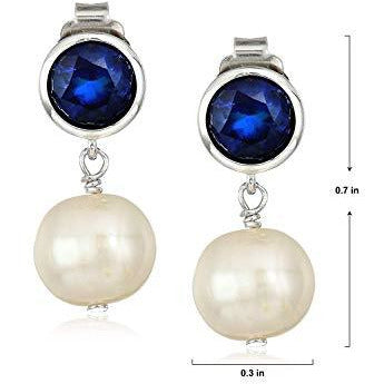 925 Sterling Silver Bezel-Set Created Blue Sapphire September Birthstone and 8mm White Freshwater Cultured Pearl Post Drop Earrings
