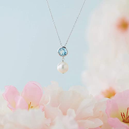.925 Sterling Silver Bezel-Set Genuine Blue Topaz and 8mm Freshwater Cultured Pearl Drop 3/4" Pendant Necklace on 18" Chain - December Birthstone
