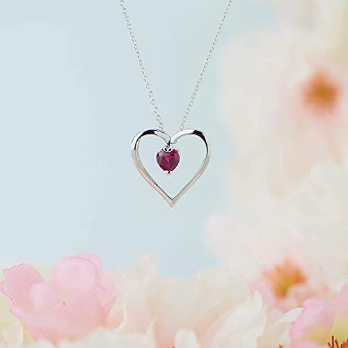 Dainty 925 Sterling Silver Created Ruby July Birthstone Open Heart Simple Demi Fine Pendant Necklace, 18"