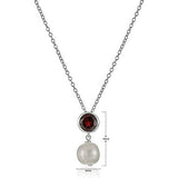 .925 Sterling Silver Bezel-Set Genuine Garnet and 8mm Freshwater Cultured Pearl Drop 3/4" Pendant Necklace on 18" Chain - January Birthstone