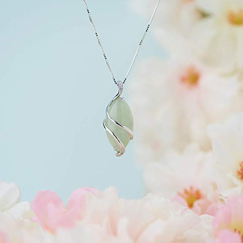 .925 Sterling Silver & Green Jade Diamond-Accented 3/4" Wire-Wrapped Marquise Cut Pendant Necklace on 18" Box Chain