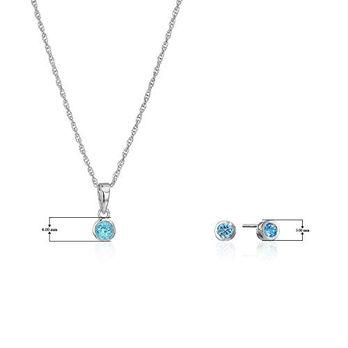 Dainty 925 Sterling Silver Genuine Blue Topaz December Birthstone Petite Stud Earrings and 16" Pendant Necklace Jewelry Set