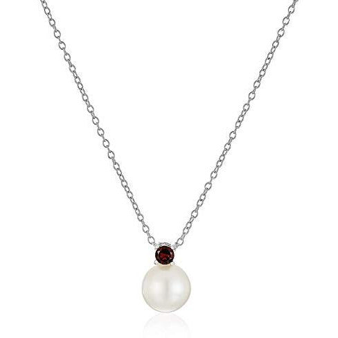 .925 Sterling Silver 3mm Genuine Garnet and 8mm Freshwater Cultured Pearl 1/2" Pendant Necklace on 18" Chain - January Birthstone