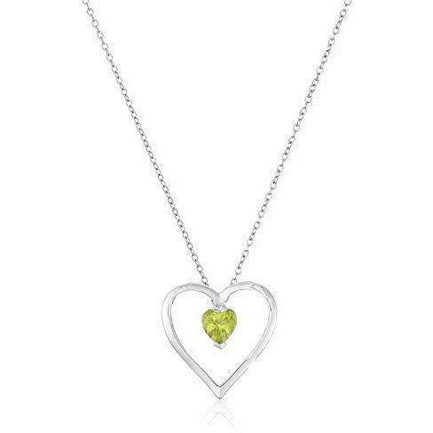Dainty 925 Sterling Silver Genuine Peridot August Birthstone Open Heart Simple Demi Fine Pendant Necklace, 18"