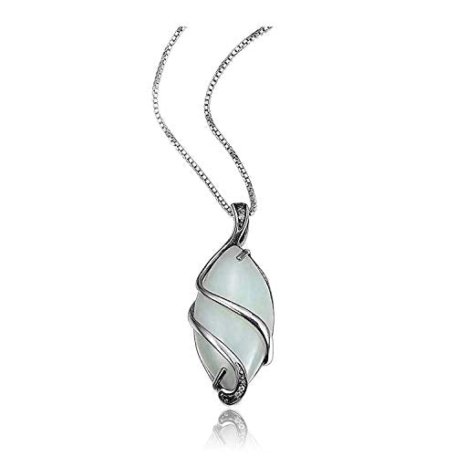 .925 Sterling Silver & Green Jade Diamond-Accented 3/4" Wire-Wrapped Marquise Cut Pendant Necklace on 18" Box Chain