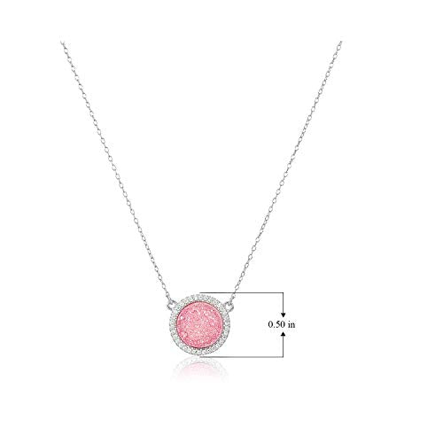 Rhodium Plated Sterling Silver Genuine Pink Druzy and Cubic Zirconia Pave Halo Necklace, 16" + 2" Extender