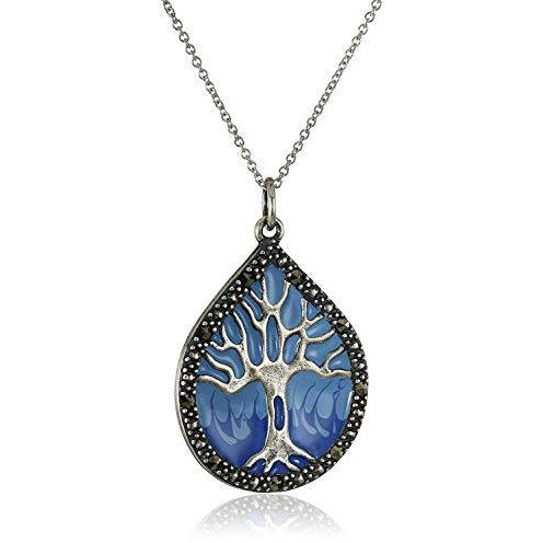 .925 Sterling Silver Genuine Marcasite Enamel Tree of Life 1-1/3" Pendant Necklace on 18" Chain - Denim Blue