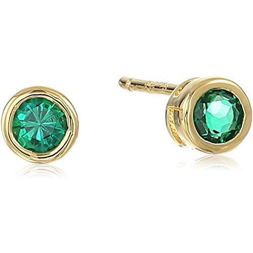 Dainty 18K Yellow Gold Plated 925 Sterling Silver Created Emerald May Birthstone Petite Stud Earrings and 16" Pendant Necklace Jewelry Set