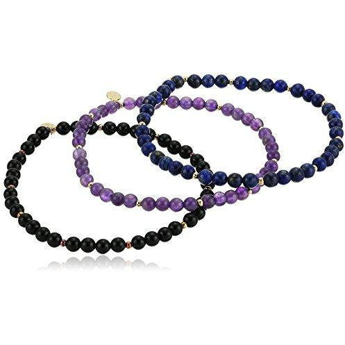 Genuine Black Agate, African Amethyst, and Lapis Lazuli with 18k Gold Plated Bronze Beaded Stretch Bracelets (Set of 3)