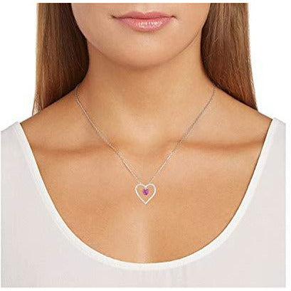 Dainty 925 Sterling Silver Created Pink Sapphire October Birthstone Open Heart Simple Demi Fine Pendant Necklace, 18