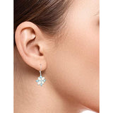 Rhodium-Plated Sterling Silver Created Opal and Genuine Swiss Blue Topaz 3-prong setting Flower Leverback Dangle Earrings