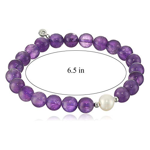 Genuine Semi-Precious Purple African Amethyst Round Bead Stretch Bracelet with White Freshwater Cultured Pearl with Rhodium Plated Silver Accent, 6-1/2"