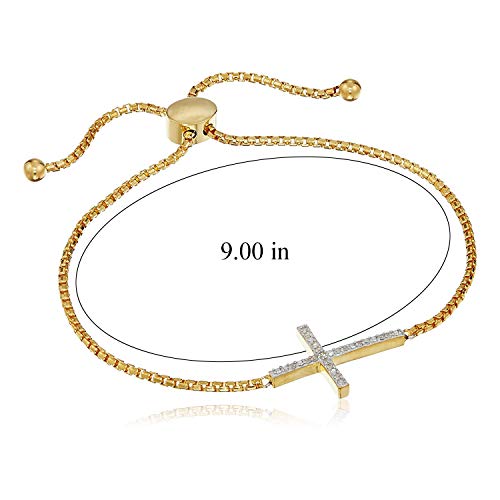 18K Yellow Gold Plated 925 Sterling Silver 1/10 Cttw Diamond Sideway Cross Bolo Strech Bracelet Adjustable to 9", (I-J Color, I2-I3 Clarity)