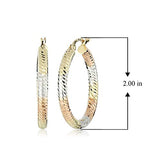 Tri-Tone 10k White, Yellow & Rose Gold Geometric Cut Design Oval Hoop Earrings
