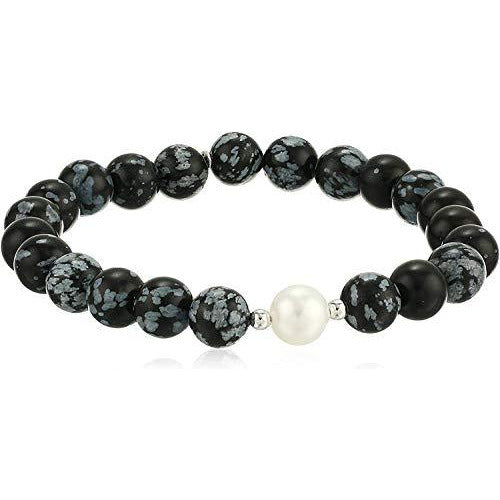 Genuine Semi-Precious Snowflake Obsidian Round Bead Stretch Bracelet with White Freshwater Cultured Pearl with Rhodium Plated Silver Accent, 6-1/2"