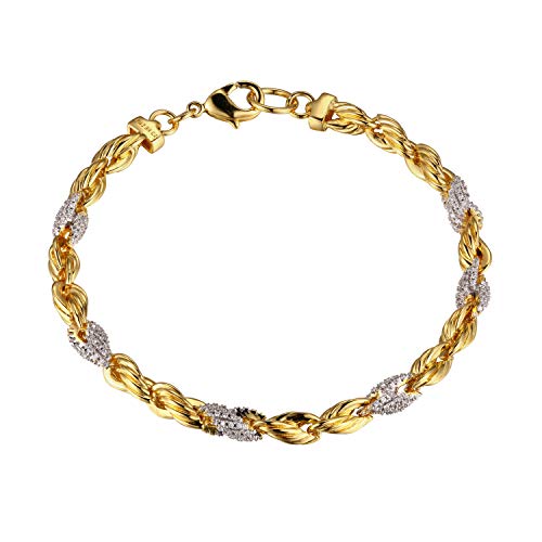 Monte Luna Fine Silver, 18K Yellow Gold and Rhodium Plated Two-Tone Cubic Zirconia Rope Chain Bracelet, 7.25"
