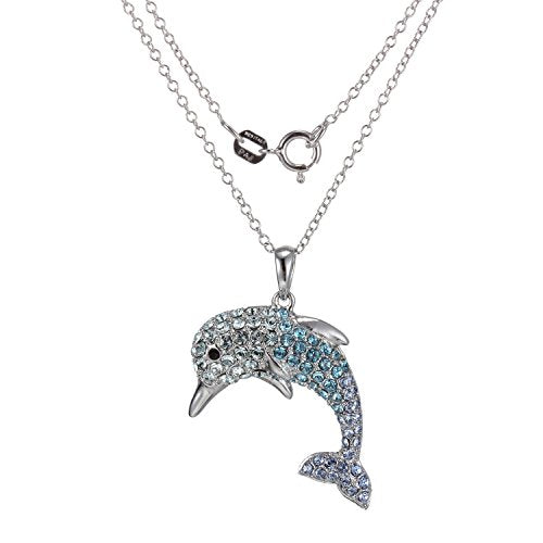 925 Sterling Silver Crystal Dolphin Pendant Necklace, 18"